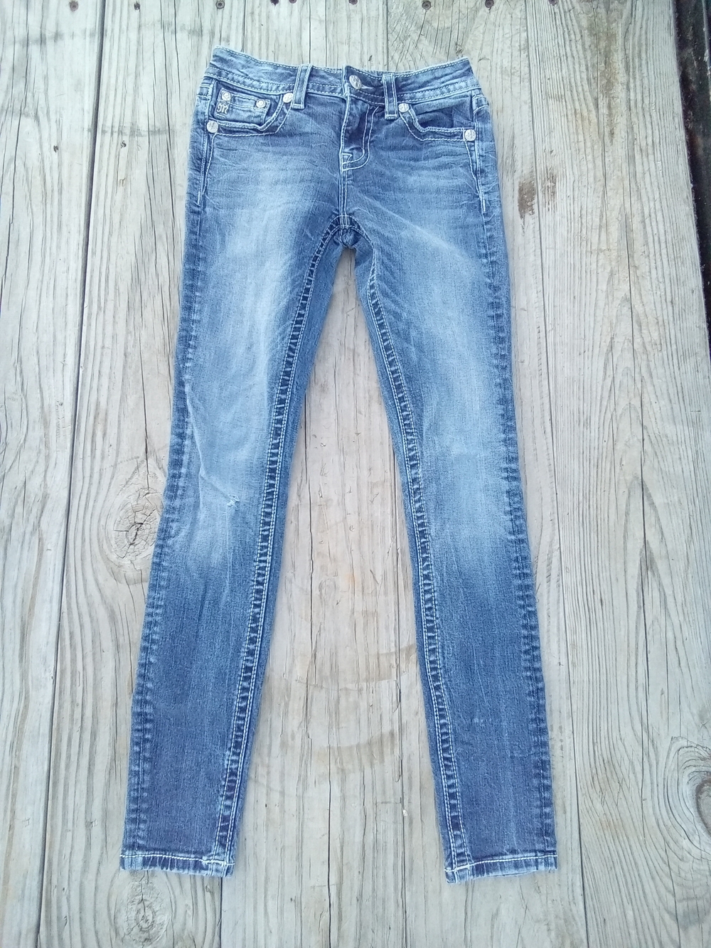 Miss Me Mid-Rise Skinny Jeans Size 25 Blue Lace Rhinestone Flap Pocket